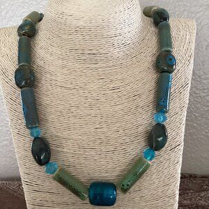 Green and turquoise blue beaded necklace, 27 inch